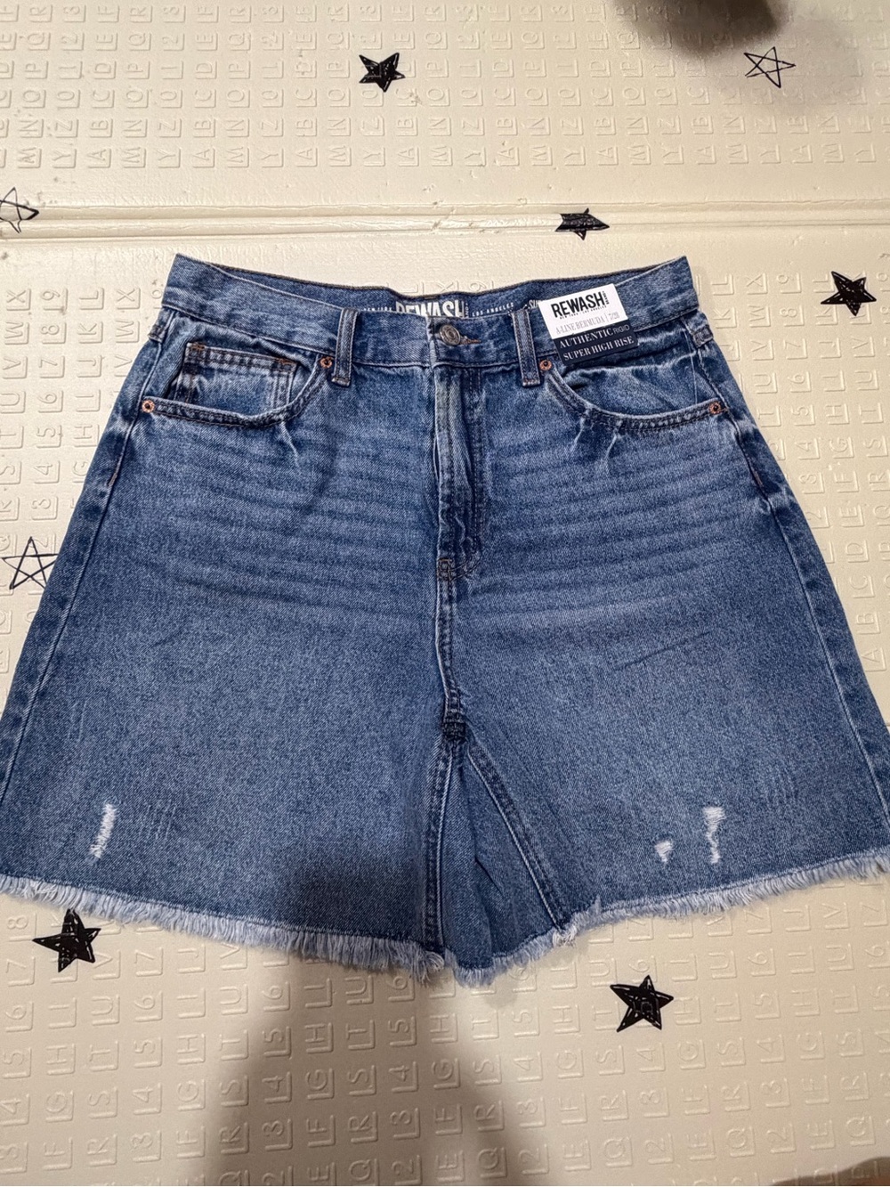 Rewash Medium Blue High-Waist Distressed Denim Shorts